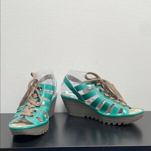 Fly London Yito Wedge Platform Sandals Laces Open Toe Turquoise Blue 9.5 10 (41)